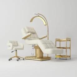 Manufakturo Saphir Version B Creamy – 4-Piece Beauty Studio Set: Luxury Bed, Chair, Lamp & Trolley(Manufakturo Saphir Version B Creamy 4 Piece Beauty Studio Set Luxury Bed Chair Lamp Trolley)