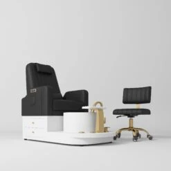 Manufakturo Noémie Luxury Electric Pedicure Chair With Matching Stool – Massage Backrest, Gold Tap, Black(Manufakturo Noemie Luxury Electric Pedicure Chair With Matching Stool Massage Backrest Gold Tap Black)