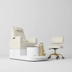 Manufakturo Noémie Luxury Electric Pedicure Chair With Matching Stool – Massage Backrest, Gold Tap, Creamy(Manufakturo Noemie Luxury Electric Pedicure Chair With Matching Stool Massage Backrest Gold Tap Creamy)