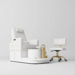 Manufakturo Noémie Luxury Electric Pedicure Chair With Matching Stool – Massage Backrest, Gold Tap, White(Manufakturo Noemie Luxury Electric Pedicure Chair With Matching Stool Massage Backrest Gold Tap White)