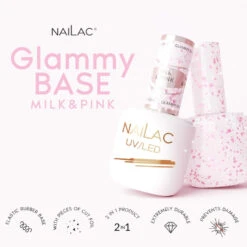 NaiLac Hybrid UV/LED Glammy Rubber Base Milk & Pink(Nailac Hybrid Uv Led Glammy Rubber Base Milk Pink) -Roxie Cosmetics Shop nailac glammy rubber base milk pink 7ml flakes info