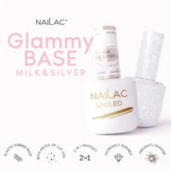NaiLac Hybrid UV/LED Glammy Rubber Base Milk & Silver(Nailac Hybrid Uv Led Glammy Rubber Base Milk Silver) -Roxie Cosmetics Shop nailac glammy rubber base milk silver 7ml flakes nail info